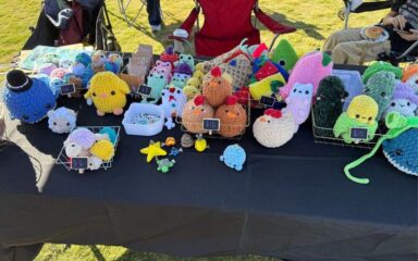 Close-up of a vendor booth at Family Fun Day showcasing handmade crochet plush toys arranged in wire baskets on a black tablecloth. The colorful crafts include animals and decorative figures, each with small price tags. The table is set outdoors on grass, adding to the festive community atmosphere.